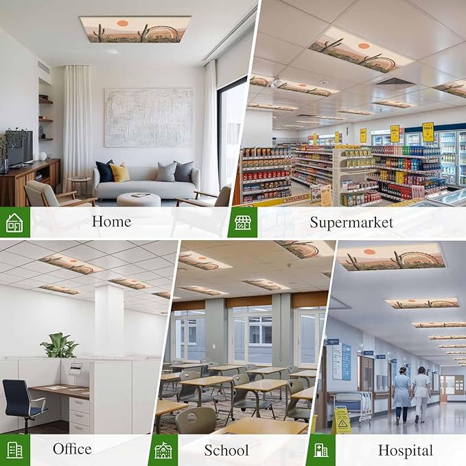 Fluorescent Light Covers for Ceiling Lights Cactus Desert Magnetic Light Filters 2 Pack 4x2 ft Sun Mountain Rainbow Bohemian Style Ceiling Lights Cover for Classroom Office School Home Drop Lamp Decor