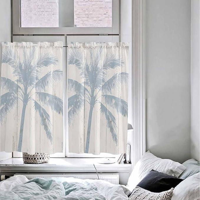 Summer Coconut Tree on Vintage Wood Grain Window Valance Curtains, Seaside Plants Light Filtering Kitchen Valance with 3-inch Rod Pocket for Living Room Bathroom Bedroom,2 Panel,52x54In