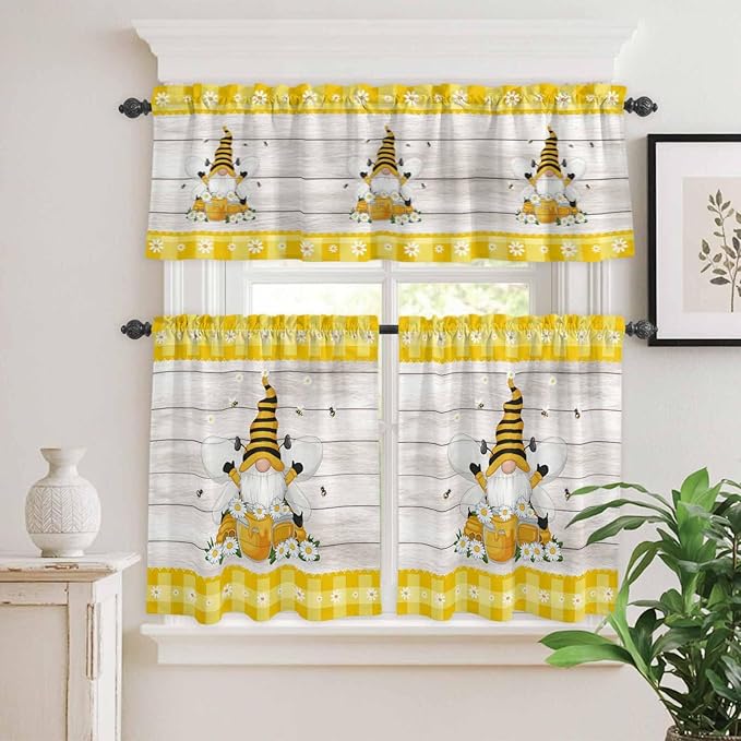 Yellow Gnomes Kitchen Curtains Set 3 Piece for Windows, Rod Pocket Valance and Tier Set 24 Inch Length, Spring Bees Daisy Plaid Wooden Grain Light Filtering Cafe Curtains for Living Room Bathroom