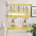 Yellow Gnomes Kitchen Curtains Set 3 Piece for Windows, Rod Pocket Valance and Tier Set 24 Inch Length, Spring Bees Daisy Plaid Wooden Grain Light Filtering Cafe Curtains for Living Room Bathroom