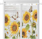 Yellow Sunflowers Bathroom Curtains 63 Inch Length, Window Curtains Tab Top, Vintage Country Flowers Butterfly Wood Board Light Filtering Window Treatments Drapes 52"x63" 2 Panel