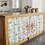 Easter Kitchen Tier Curtains 36 Inch Long 2 Panel Set,Rod Pocket Half Window Curtains Over Sink,Spring Bunny Ears Feet Flowers Green Plaid Light Filtering Short Drapes for Bathroom Cafe 27.5"W x 36"L
