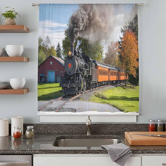 Steam Train Sheer Curtains 45 Inch Length Railroad Country Barn Rustic Trees Farmhouse Chiffon Curtain for Bedroom Living Room Light Filtering Window Treatments Voile Curtains Drapes for Kitchen