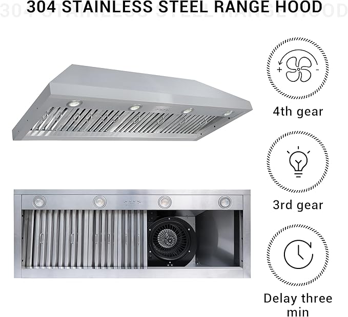 CHETTO C Stainless Steel Range Hood Cover with Quiet Vent Hood Insert Custom Handcrafted Metal Kitchen Fan with Towel Rack LED Light 48"W x24"D x36"H Brushed Stainless Steel Wall Mount