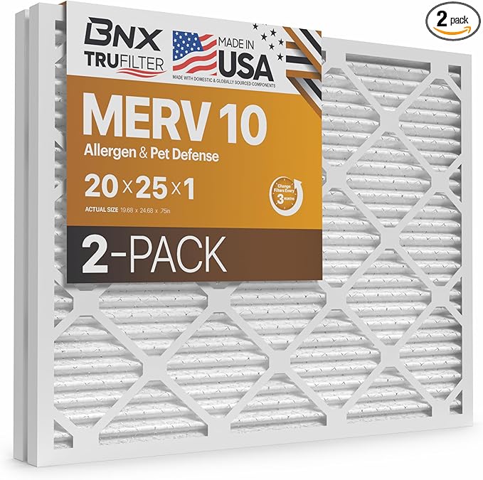 BNX TruFilter 20x25x1 MERV 10 (2-Pack) AC Furnace Air Filter - MADE IN USA - Pleated Air Conditioner HVAC AC Furnace Filters - Removes Odor, Mold, Bacteria, Smoke