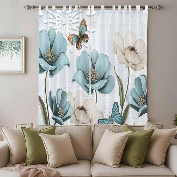 Blue Tulips Living Room Curtains 96 Inch Length, Window Curtains Tab Top, Watercolor Flowers Butterfly Spring Farmhouse Blue Light Filtering Window Treatments Drapes 52"x96" 2 Panel