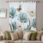 Blue Tulips Living Room Curtains 84 Inch Length, Window Curtains Tab Top, Watercolor Flowers Butterfly Spring Farmhouse Blue Light Filtering Window Treatments Drapes 52"x84" 2 Panel