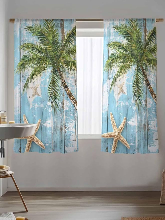 Sheer Curtains 72 Inches Long, Coastal Beach Blue Semi Sheer Curtains Light Filtering Window Treatment, Tropical Coconut Tree Vintage Wood Grain Privacy Voile Drapes for Living Room Bedroom 52x72 Inch