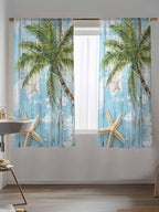 Sheer Curtains 72 Inches Long, Coastal Beach Blue Semi Sheer Curtains Light Filtering Window Treatment, Tropical Coconut Tree Vintage Wood Grain Privacy Voile Drapes for Living Room Bedroom 52x72 Inch
