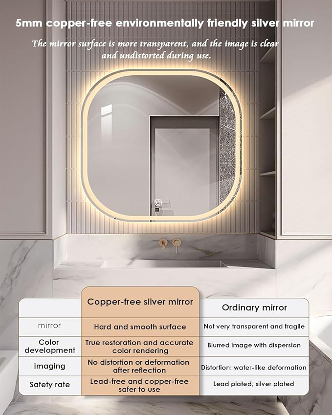 JSLJDM 500X500 mm Illuminated Backlit LED Bathroom Mirror, Wall Mounted Multifunction Bathroom Vanity Mirror with Lights and Demister Pad, Energy-Saving Illuminated Smart Mirror 80cm tricolorlight