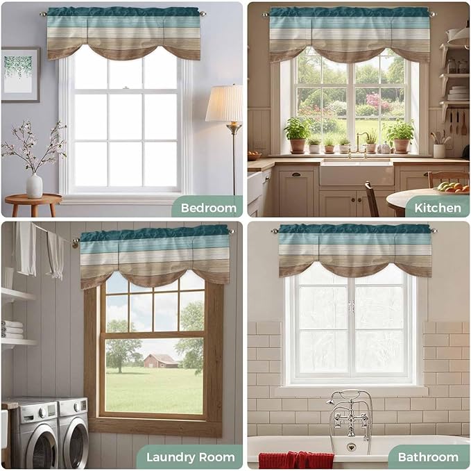 Teal Brown Tie Up Valance Curtains for Windows, Kitchen Curtains Window Shades, Farmhouse Vintage Abstract Wooden Grain Light Filtering Roman Curtain Valances for Bedroom/Bathroom/Cafe 60"x18"