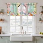 Easter Kitchen Tier Curtains 36 Inch Long 2 Panel Set,Rod Pocket Half Window Curtains Over Sink,Spring Colorful Bunny Eggs Flower Wood Grain Light Filtering Short Drapes Cafe 27.5"W x 36"L