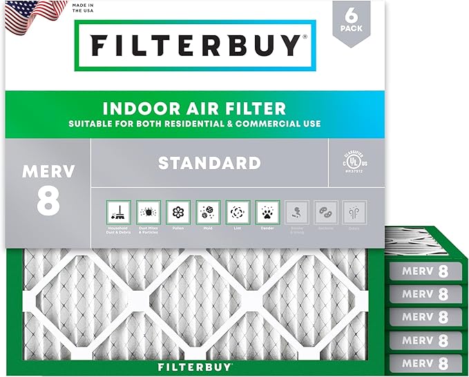 Filterbuy 11.25x11.25x1 Air Filter MERV 8 Essential Dust & Allergy Defense (6-Pack), Electrostatic Pleated HVAC AC Furnace Filters Replacement, Made in USA (Actual Size: 11.25 x 11.25 x 0.75)