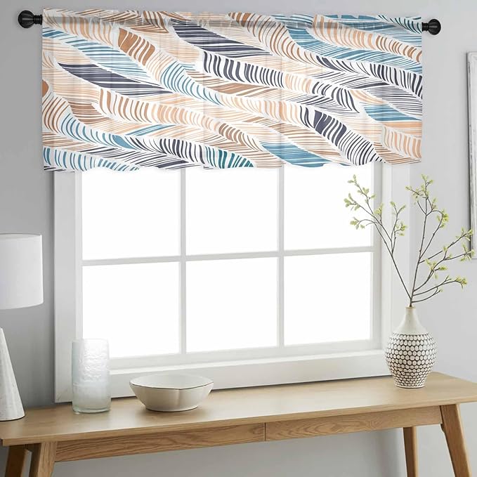Abstract Stripes Sheer Valance Curtains, Brown Blue Gradient Wavy Lines Leaf Texture Light Filtering Kitchen Valances Rod Pocket Voile Curtain Window Treatment for Bedroom/Living Room/Basement 54Wx18L