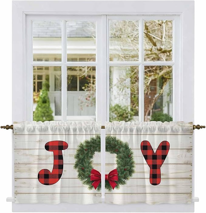 Christmas Wreaths Kitchen Tier Curtains 24 Inch Long 2 Panel Set,Rod Pocket Cafe Small Window Curtains Over Sink,Winter Bow Plaid Farmhouse Wooden Grain Short Drapes for Bathroom Cabinet 27.5"W x 24"L
