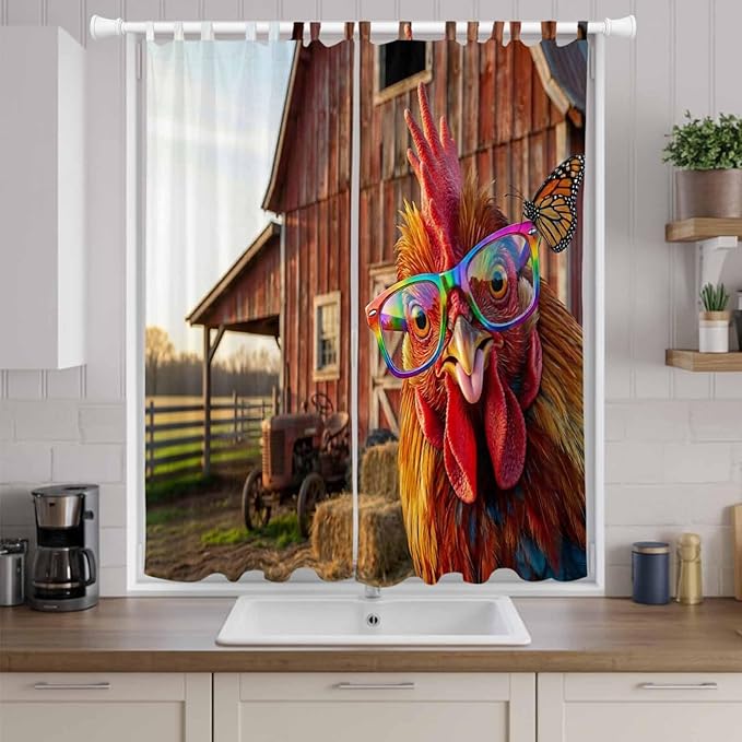 Farm Rooster Living Room Curtains 96 Inch Length, Window Curtains Tab Top, Farmhouse Barn Funny Animals Butterfly Light Filtering Window Treatments Drapes 52"x96" 2 Panel