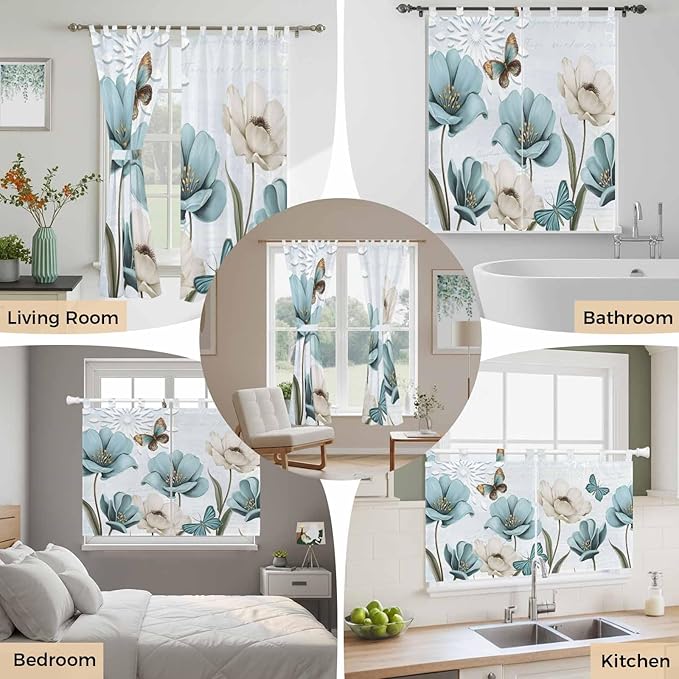 Blue Tulips Living Room Curtains 96 Inch Length, Window Curtains Tab Top, Watercolor Flowers Butterfly Spring Farmhouse Blue Light Filtering Window Treatments Drapes 52"x96" 2 Panel