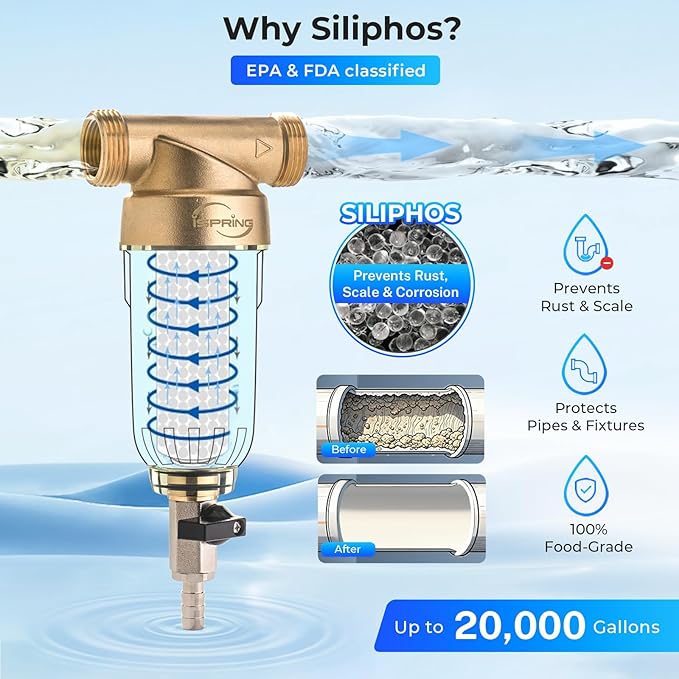 iSpring WSP-1000SL Reusable Whole House Spin Down Sediment Water Filter, Siliphos Helps Prevent Scale and Corrosion, 1" MNPT + 3/4" FNPT, 1000 Micron