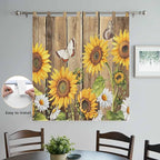 Farmhouse Sunflowers Living Room Curtains 84 Inch Length, Window Curtains Tab Top, Rustic Floral Buttterfly Wood Board Brown Light Filtering Window Treatments Drapes 42"x84" 2 Panel
