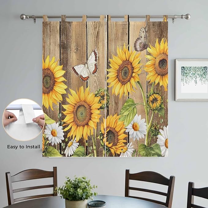 Farmhouse Sunflowers Bathroom Curtains 63 Inch Length, Window Curtains Tab Top, Rustic Floral Buttterfly Wood Board Brown Light Filtering Window Treatments Drapes 52"x63" 2 Panel