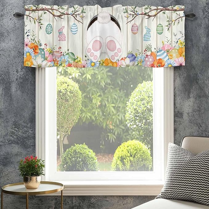 Easter Curtain Valances for Windows, Kitchen Valance Window Treatment, Spring Farmhouse Watercolor Bunny Eggs Wood Grain Light Filtering Block Curtains for Bathroom/Bedroom/Living Room 42'' x 12''