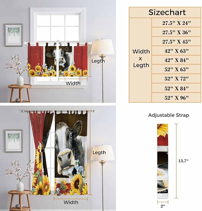 Cows Sunflowers Kitchen Curtains 45 Inch Length, Short Cafe Window Curtains Tab Top, Rustic Farms Barns Flowers Bees Animals Light Filtering Window Treatments Tier Drapes 27.5"x45" 2 Panel