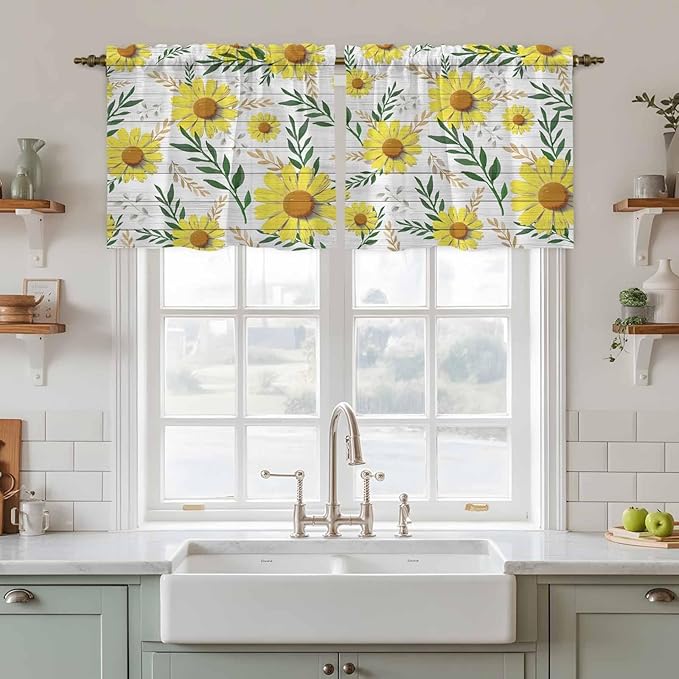 Yellow Daisy Tier Curtains, Farmhouse Country Flower Leaf Plant Wood Grain Light Filtering Kitchen Curtains, 2Pcs Rod Pocket Half Window Treatments Panels for Sink Cafe Cabinet Camper 27.5x24 Inches
