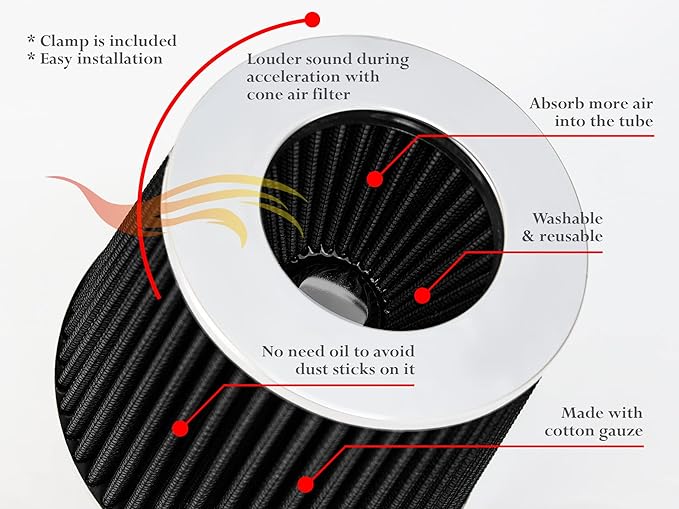 BLACK 3.5" 89 mm Inlet Narrow Air Cone Replacement Performance Washable Clamp-On Dry Air Filter