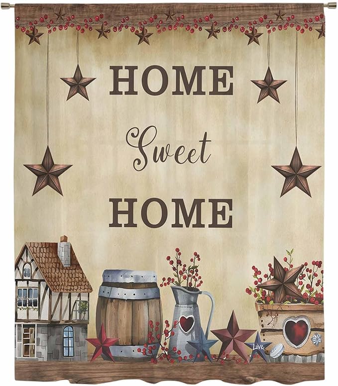 Farm Sheer Curtains 84 Inch Length American Country Barn Star Vintage Berry Brown Chiffon Curtain for Bedroom Living Room Light Filtering Rod Pocket Window Treatments Voile Curtains Drapes for Dining