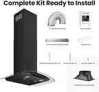 Black 30 inch Wall Mounted Range Hood Glass 900 CFM, Stainless Steel Kitchen Hood Vent with Gesture/Touch Controls, 3-Speed Exhaust Fan and Stainless Steel Baffle Filter, 2 LED Lights