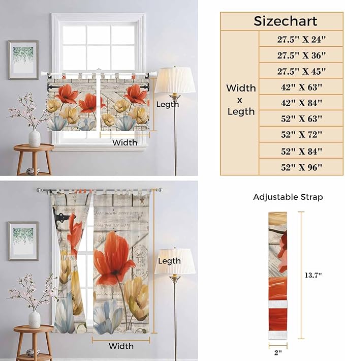 Retro Floral Bedroom Curtains 63 Inch Length, Window Curtains Tab Top, Red Yellow Tulips Barm Doors Farmhouse Wooden Light Filtering Window Treatments Drapes 42"x63" 2 Panel
