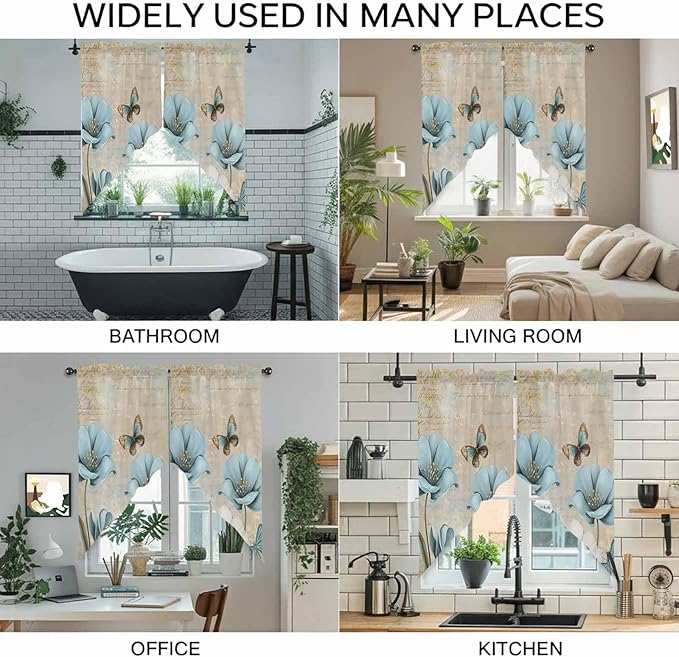 Spring Flowers Swag Valances for Windows, Vintage Rustic Tulips Floral Butterfly Khaki Rod Pocket Kitchen Curtains Valance, Kitchen Window Curtains Swag for Cafe Living Room, 2 Panels, 36x45 inch