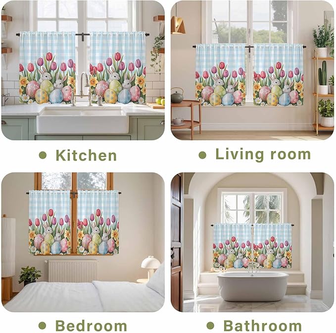 Easter Kitchen Curtains 45 Inch Long 2 Panel Set, Rod Pocket Window Treatment, Spring Bunny Colorful Eggs Tulip Flowers Blue Check Light Filtering Panels Short Drapes for Bathroom Camper 42"W x 45"L