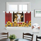 Cows Sunflowers Kitchen Curtains 24 Inch Length, Small Window Curtains Tab Top, Spring Floral Bees Farmhouse Barn Light Filtering Short Window Treatments Tier Drapes 27.5"x24" 2 Panel