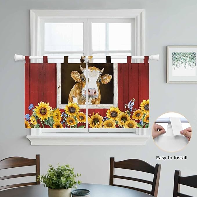 Cows Sunflowers Kitchen Curtains 36 Inch Length, Small Window Curtains Tab Top, Spring Floral Bees Farmhouse Barn Light Filtering Short Window Treatments Tier Drapes 27.5"x36" 2 Panel