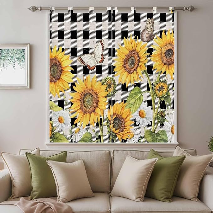Sunflowers Bathroom Curtains 63 Inch Length, Window Curtains Tab Top, Yellow Flowers Butterfly Farmhouse Black Plaid Light Filtering Window Treatments Drapes 52"x63" 2 Panel
