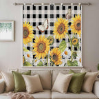 Sunflowers Bathroom Curtains 63 Inch Length, Window Curtains Tab Top, Yellow Flowers Butterfly Farmhouse Black Plaid Light Filtering Window Treatments Drapes 52"x63" 2 Panel