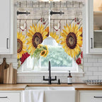 Red Yellow Sunflowers Swag Valances for Windows, Retro Rustic Barn Doors Butterfly Brown Rod Pocket Kitchen Curtains Valance, Small Window Curtains Swag for Cafe Living Room, 2 Panels, 28x36 inch