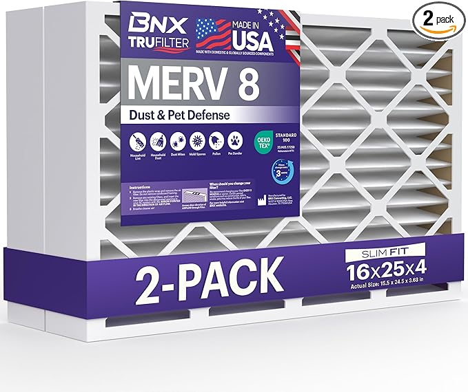 BNX TruFilter 16x25x4 (15.5’’ x 24.5’’ x 3.63‘’ Slim Fit) MERV 8 Air Filter 2-Pack - MADE IN USA - Air Conditioner Furnace Filters HVAC AC Furnace Filters for Dust, Pet, Mold, Pollen MPR 600-700 FPR 5