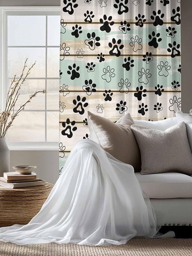 Sheer Curtains 63 Inch Length, Sage Green Beige Farmhouse Semi Sheer Curtains Light Filtering Window Treatment, Black Dog Paw Vintage Wooden Privacy Voile Drapes for Living Room Bedroom 52x63 Inch
