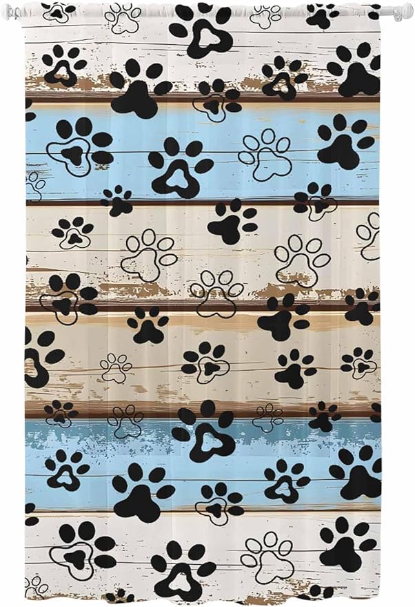 Sheer Curtains 84 Inches Long, Blue Brown Paw Prints Semi Sheer Curtains Light Filtering Window Treatment, Vintage Farmhouse Rustic Wooden Grain Privacy Voile Drapes for Living Room Bedroom 52x84 Inch