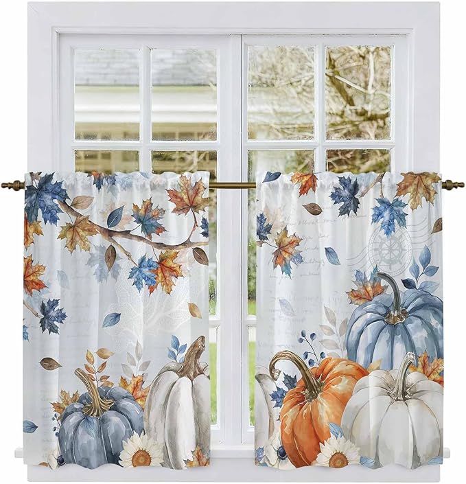 Fall Blue Maple Kitchen Curtains 54 Inch Long 2 Panel Set,Rod Pocket Window Curtains Panels,Thanksgiving Pumpkins Daisy Country Leaves Drapery Draperies for Bathroom Bedroom 52"W x 54"L