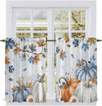 Fall Blue Maple Kitchen Curtains 45 Inch Long 2 Panel Set, Rod Pocket Window Treatment, Thanksgiving Pumpkins Daisy Country Leaves Light Filtering Panels Short Drapes for Bathroom Camper 42"W x 45"L