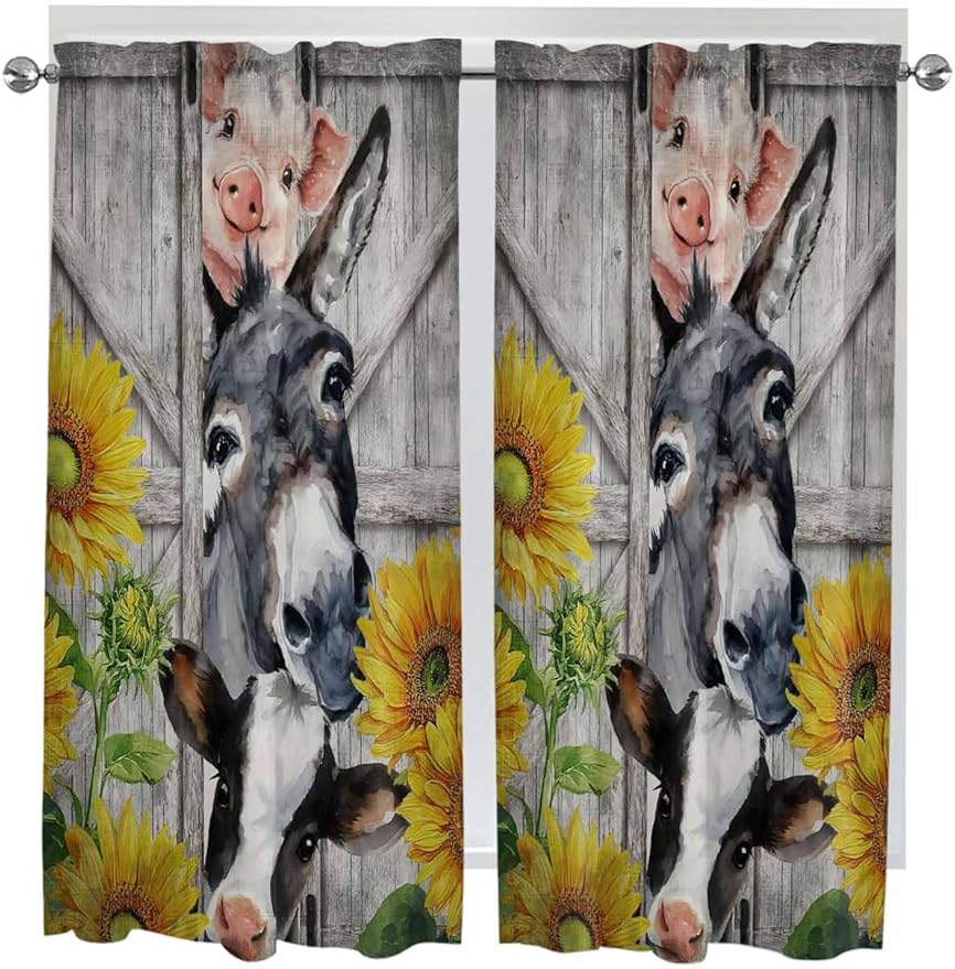 Farmhouse Bedroom Curtains 63 Inches length, Vintage Sunflowers Animals Printed Wood Grain Window Treatment Curtain Drapes, Rod Pocket Curtain Panels for Living Room Kitchen, 42"x63", 2 Panels