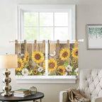 Farmhouse Sunflowers Kitchen Curtains 24 Inch Length, Small Window Curtains Tab Top, Rustic Floral Buttterfly Wood Board Brown Light Filtering Short Window Treatments Tier Drapes 27.5"x24" 2 Panel