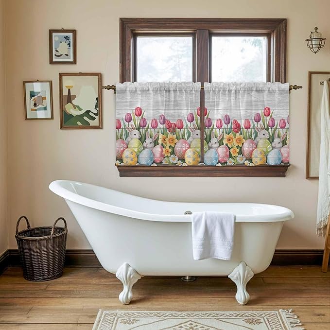 Easter Kitchen Tier Curtains 36 Inch Long 2 Panel Set,Rod Pocket Half Window Curtains Over Sink,Retro Spring Bunny Eggs Tulip Farm Wooden Grain Light Filtering Short Drapes Cafe 27.5"W x 36"L