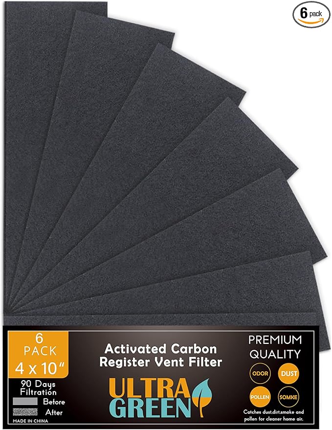 4x10 Inch Air Vent Filters Activated Charcoal Carbon, Thickened Filter Premium Floor Pre-Filter Work in Indoor Home Purifier, Air Conditioner 4" x 10" 6-Pack (Black) ULTRA GREEN