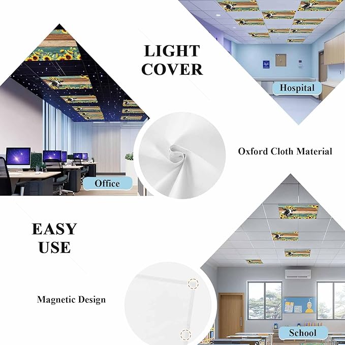 Fluorescent Light Covers Farm Cow Sunflower Magnetic Light Filters Vintage Blue Green Wood Grain Ceiling Light Covers for Classroom Office Home Drop Ceiling Lamp Decor 1 Piece