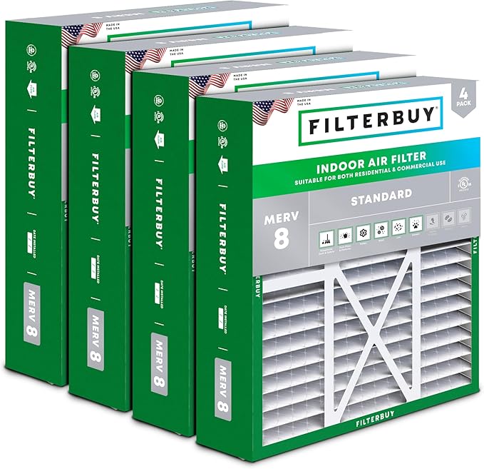 Filterbuy 20x22x5 Air Filter MERV 8 Essential Dust & Allergy Defense (4-Pack), Pleated HVAC AC Furnace Filters for Amana, Goodman, Nordyne, and Five Seasons (Actual Size: 19.50 x 21.94 x 5.25)
