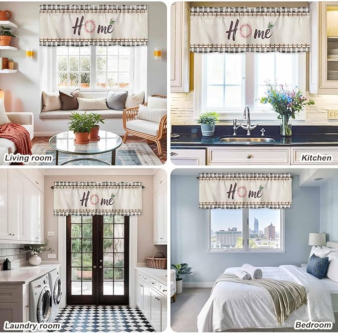 Spring Flowers Curtain Valances for Windows, Kitchen Valance Window Treatment, Vintage Watercolor Black Plaid on Linen Light Filtering Block Curtains for Bathroom/Bedroom/Living Room 60'' x 18''